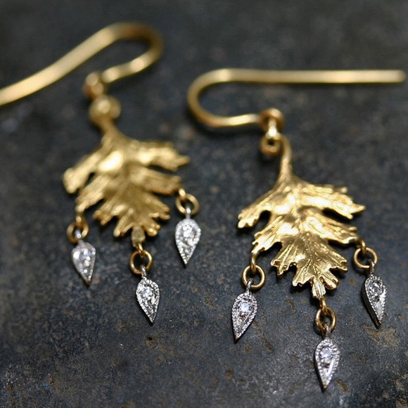 CATHY WATERMAN ~ 22K Gold & Platinum Leaf Earrings - Picture 2 of 10